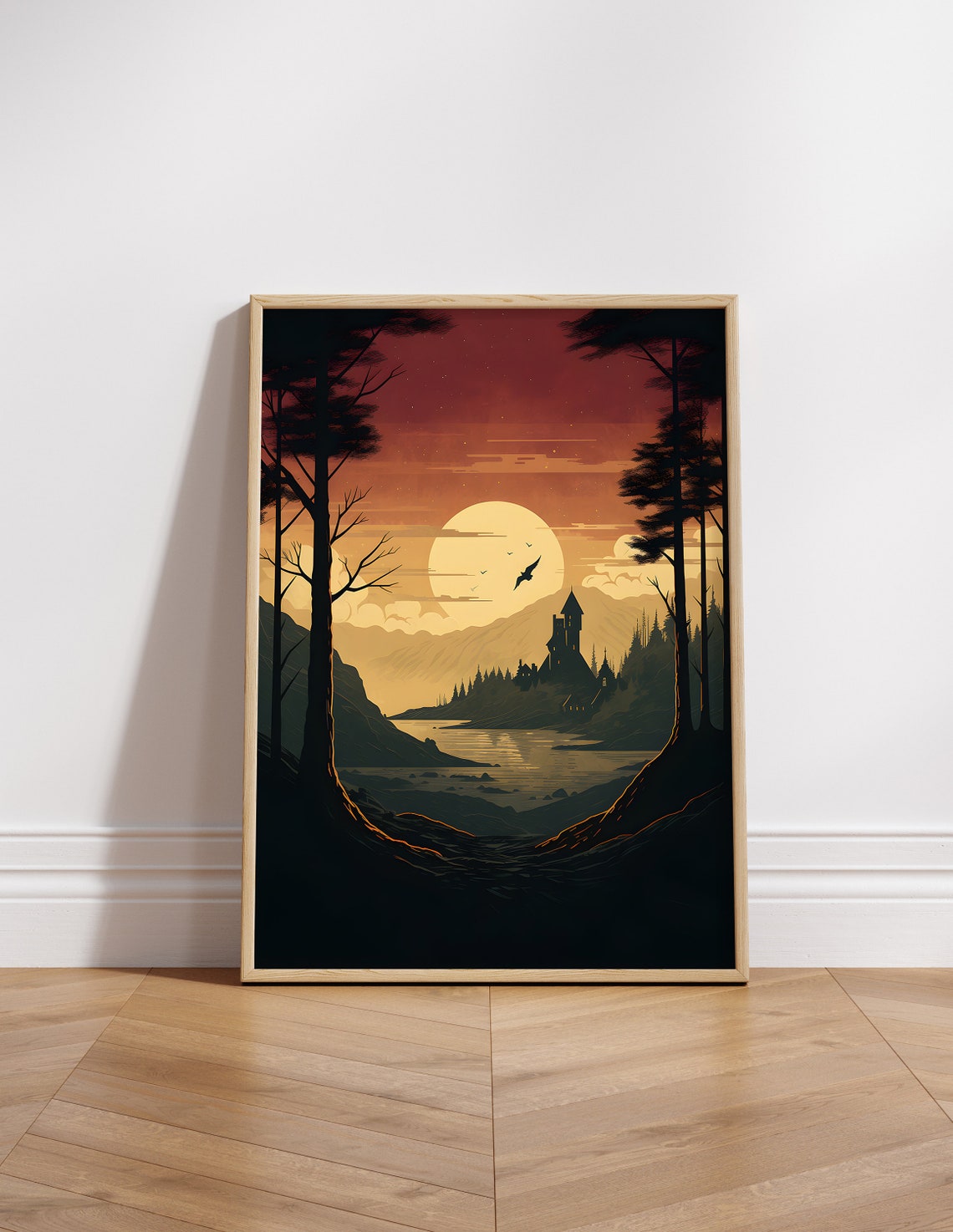 Crimson Sunset Castle Lake Tall Pine Trees Fantasy Movie Poster