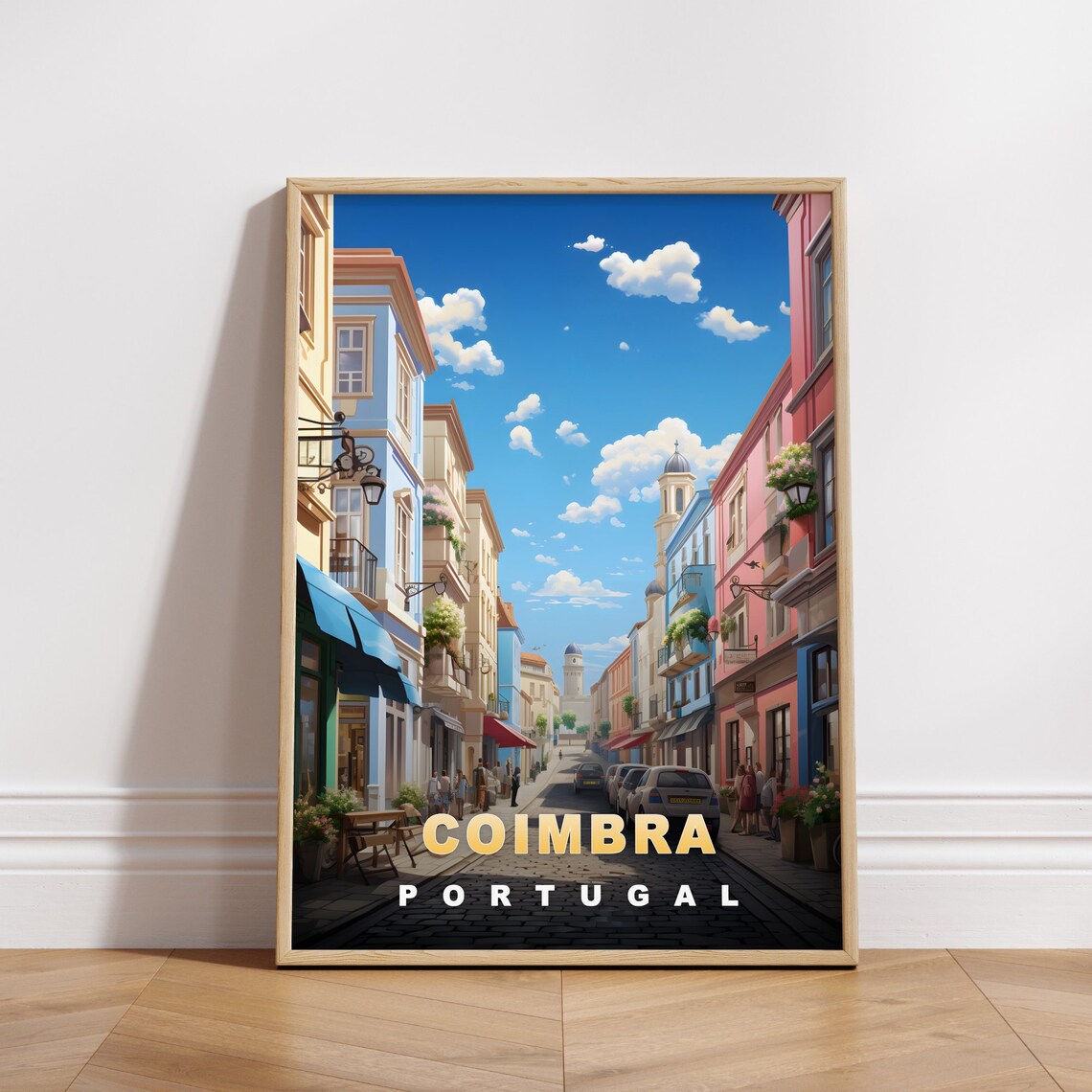 Coimbra Portugal Colorful Cobbled Street Church Towers Travel Poster