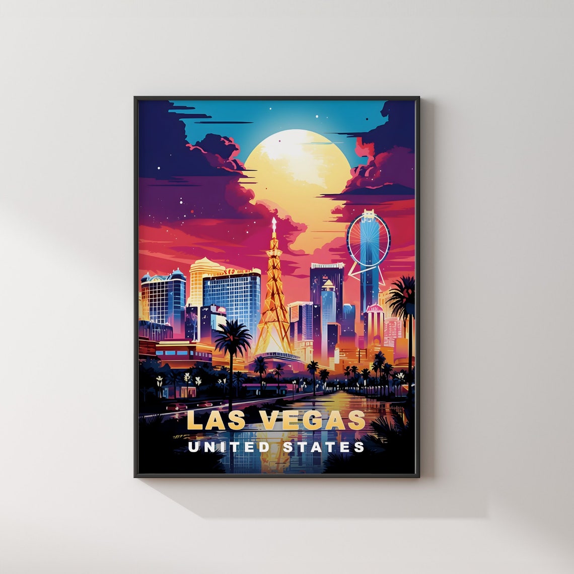 Las Vegas Strip Neon Night Skyline Ferris Wheel Travel Poster - Image 2