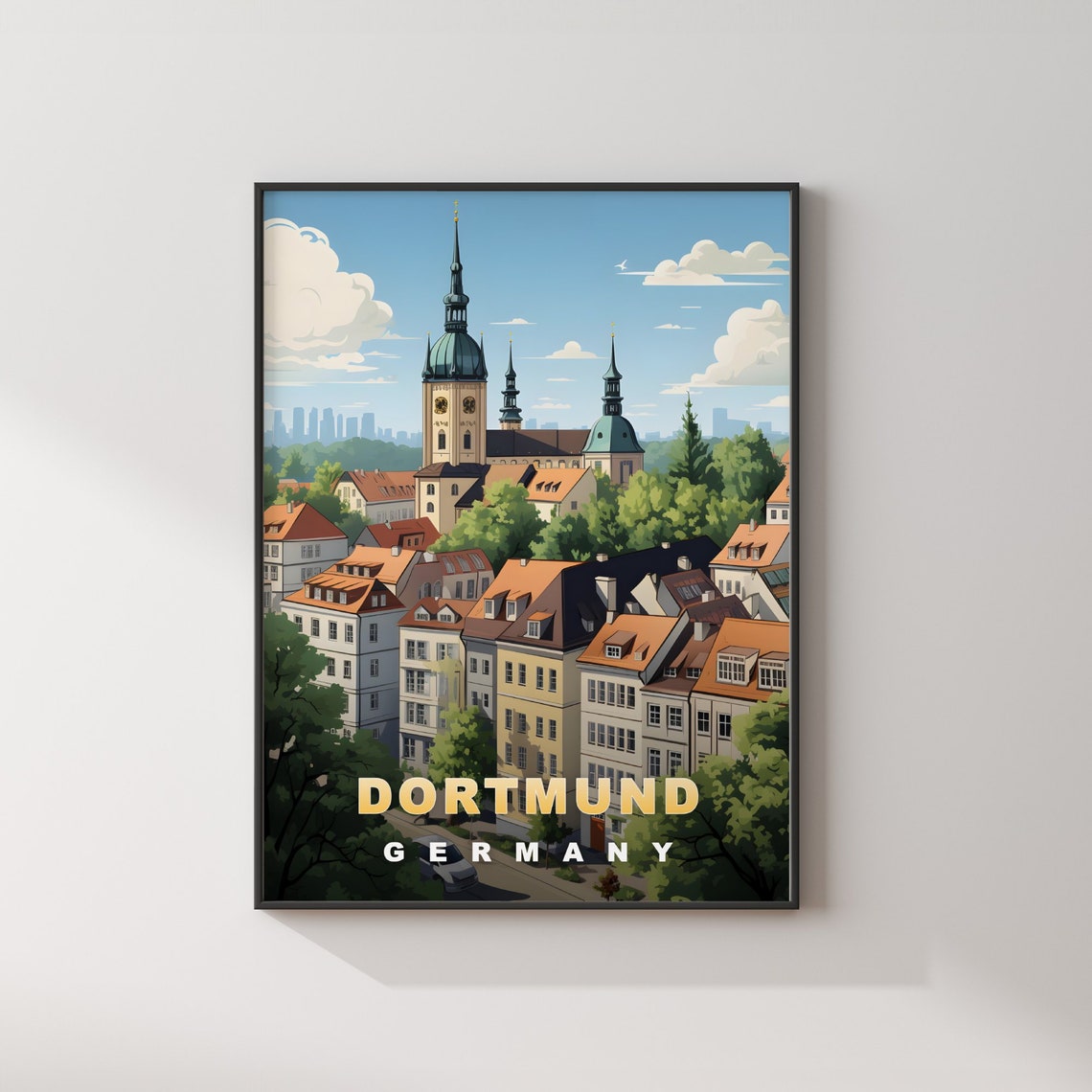 Dortmund Germany Retro Travel Poster Old Town Church Spires Skyline - Image 2