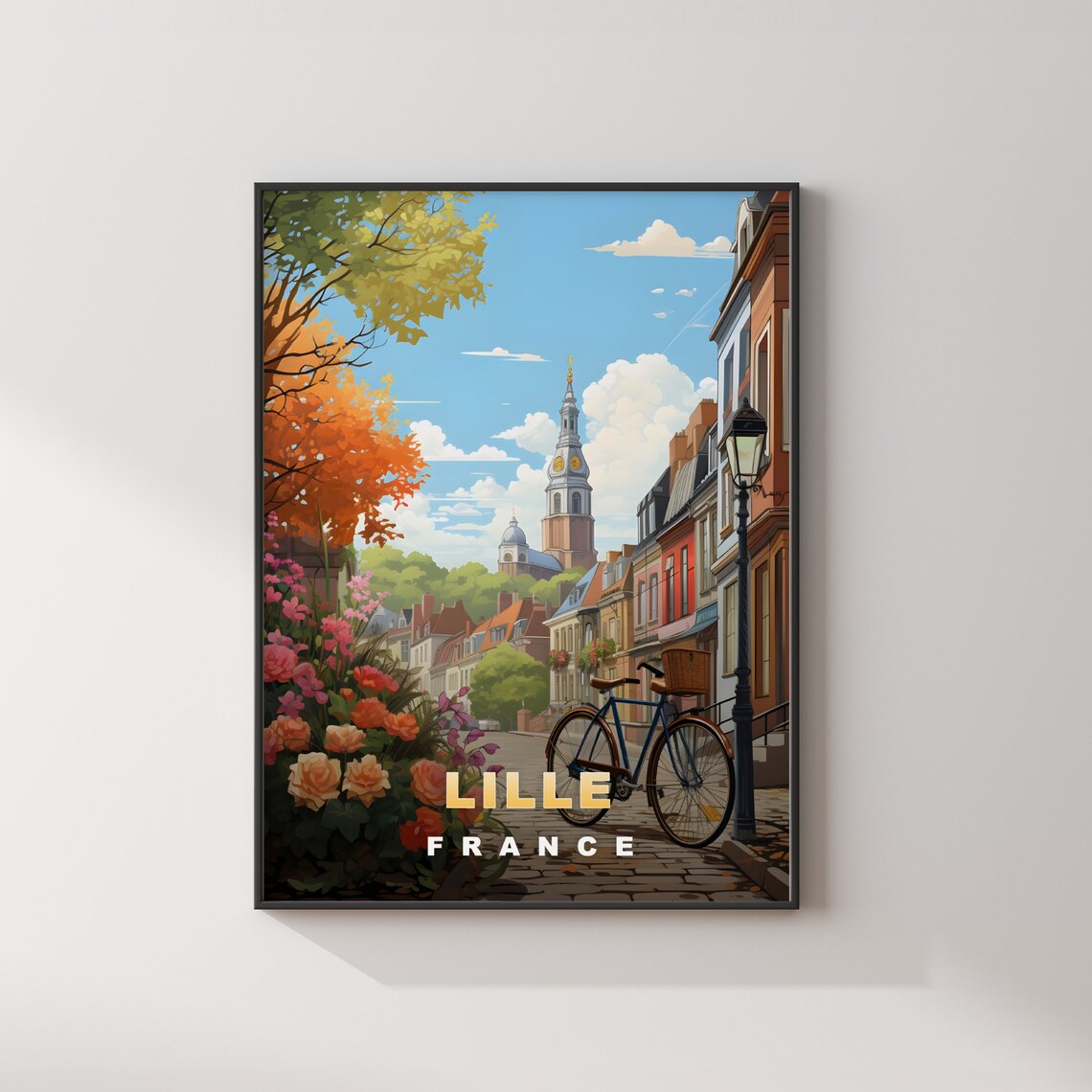 Lille France Retro Travel Poster Bicycle Cobblestone Street Flowers - Image 2