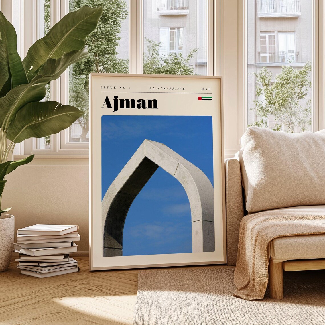 Ajman UAE Modern Minimalist Stone Arch Monument Travel Poster