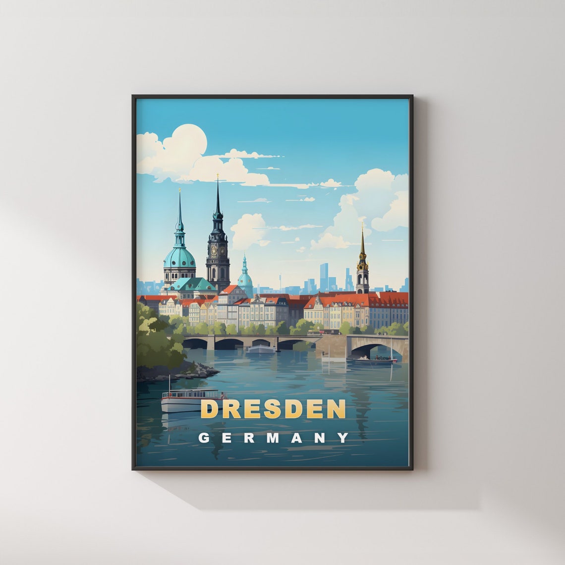 Dresden Germany Retro Travel Poster Elbe River Bridges Skyline View - Image 2