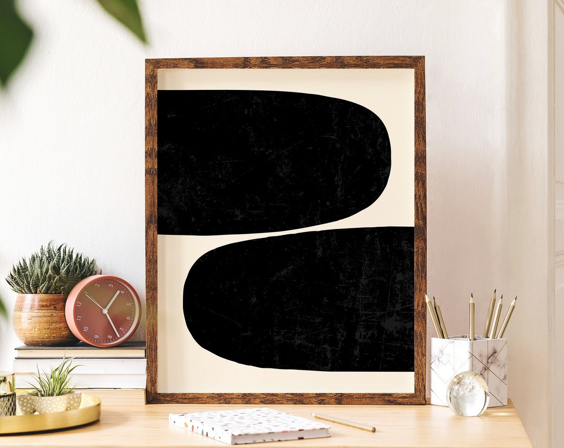 Abstract Black Wall Print Art Mid Century Modern Minimal Abstract Shapes Art Cute Trendy Wall Art