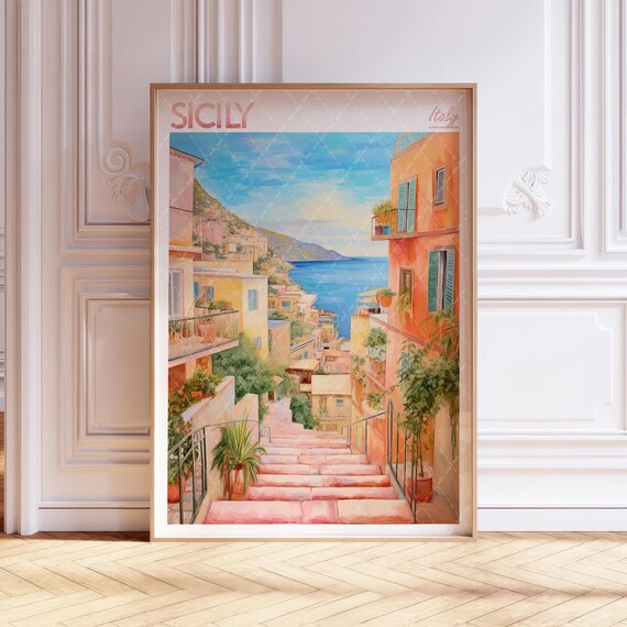 Sicily Italy Watercolor Travel Poster Stepped Street Sea View Art