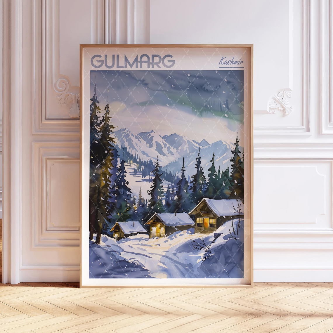 Gulmarg Kashmir Snowy Mountain Starry Winter Cabin Travel Poster
