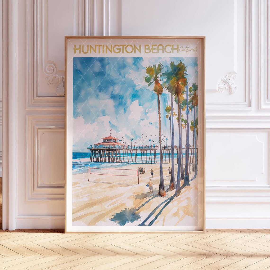 Huntington Beach Watercolor Travel Poster, Coastal USA