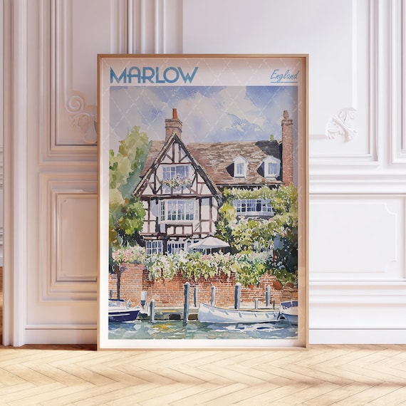 Marlow England Riverside Tudor House Watercolor Travel Poster