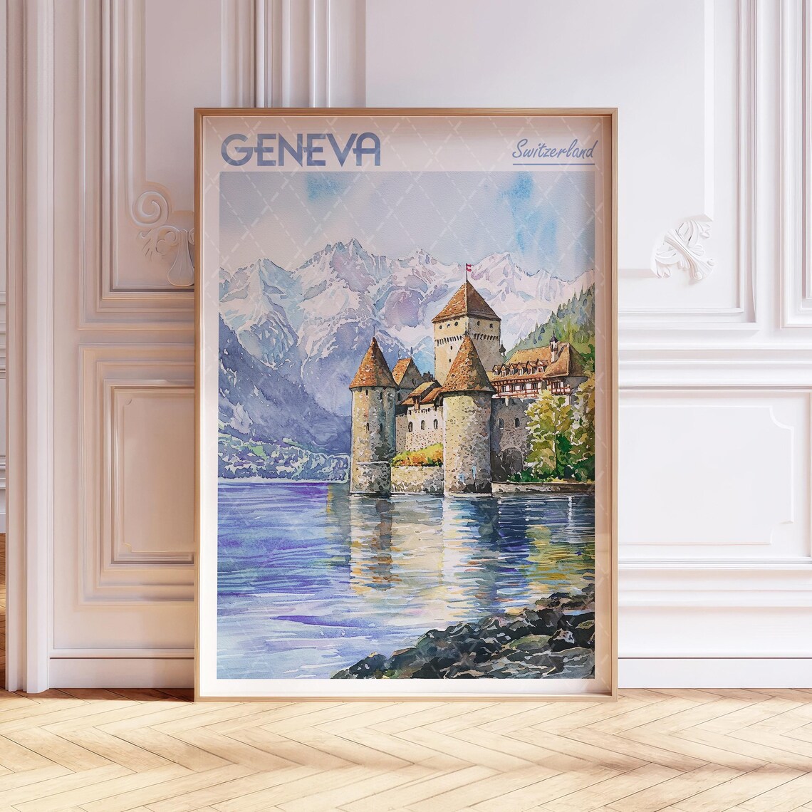 Geneva Watercolor Travel Poster, Switzerland Castle