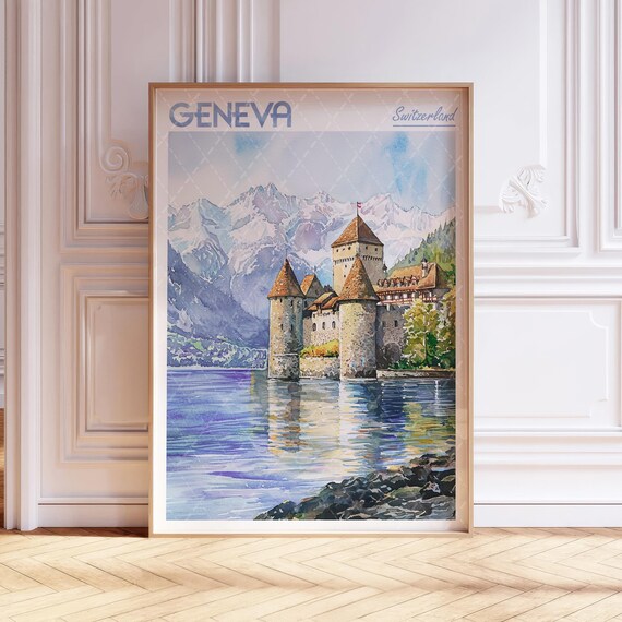 Geneva Watercolor Travel Poster, Switzerland Castle