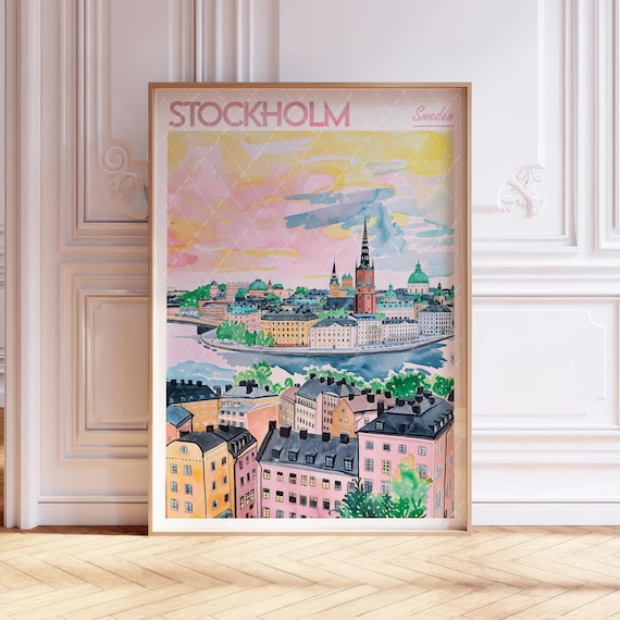 Stockholm Sweden Old Town Harbor Vintage Watercolor Travel Poster