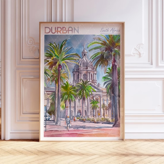 Durban City Watercolor Poster World Cities Wall Art South Africa Travel Pastel Colors