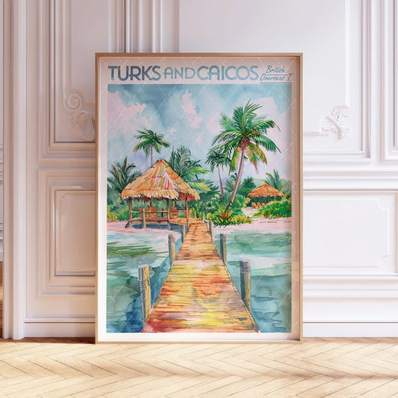Turks And Caicos Watercolor Wall Art Tropical Island Print Caribbean Travel Poster World Cities Pastel Colors