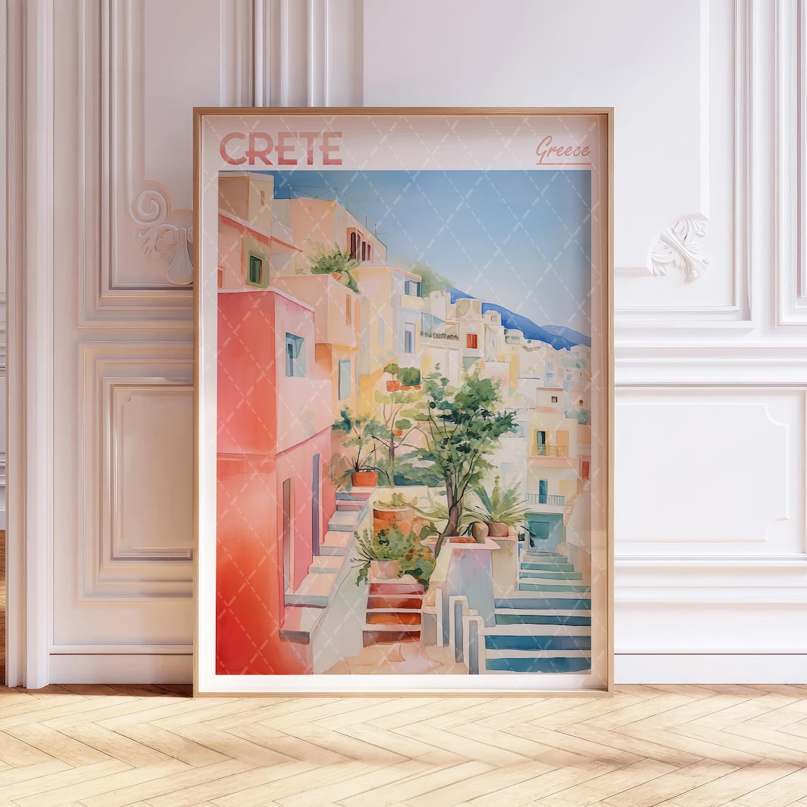 Crete Greece Pink Alley Steps Mediterranean Village Watercolor Travel Poster