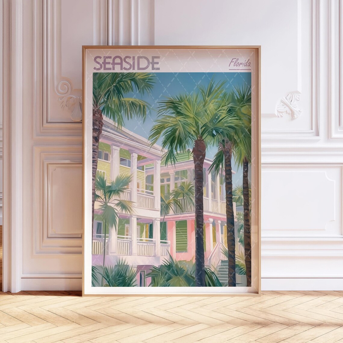 Seaside Florida Watercolor Travel Style Pastel Buildings Palm Trees Poster