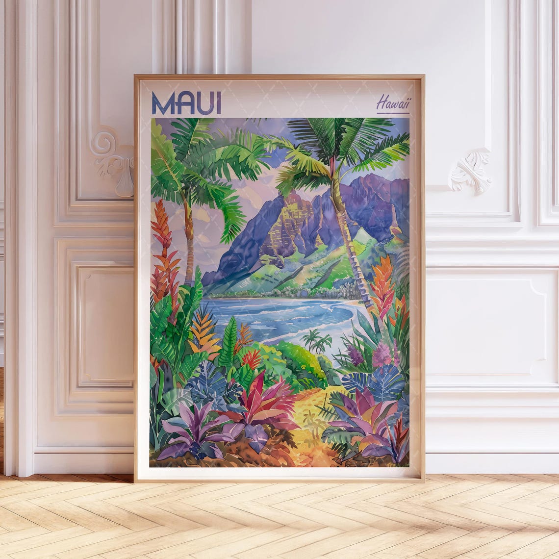 Maui Hawaii Tropical Travel Poster With Palm Trees and Mountains
