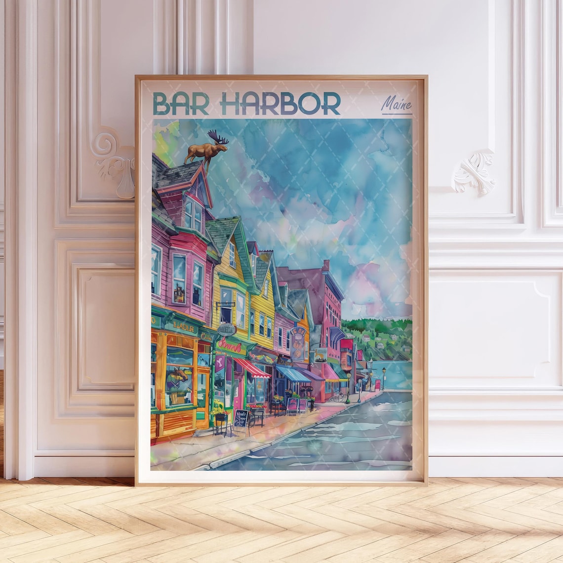 Bar Harbor Maine Watercolor Travel Style Colorful Shops Street Poster