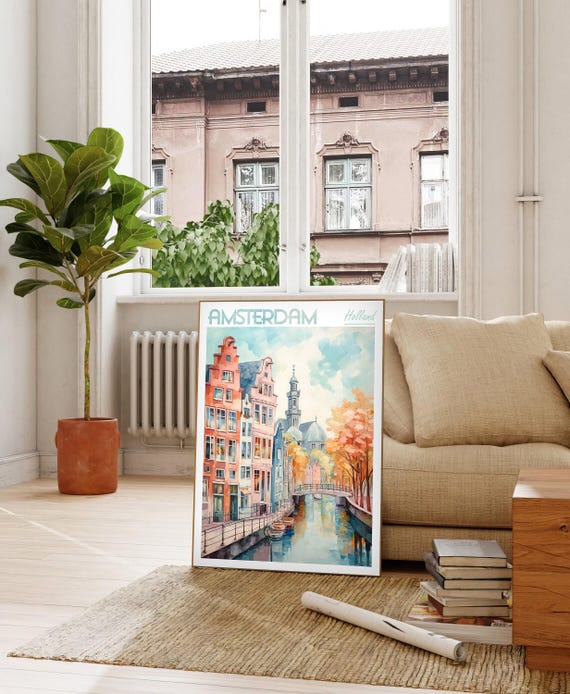 Amsterdam Watercolor Skyline Print Dutch City Bicycles Canals Netherlands Travel Art Holland