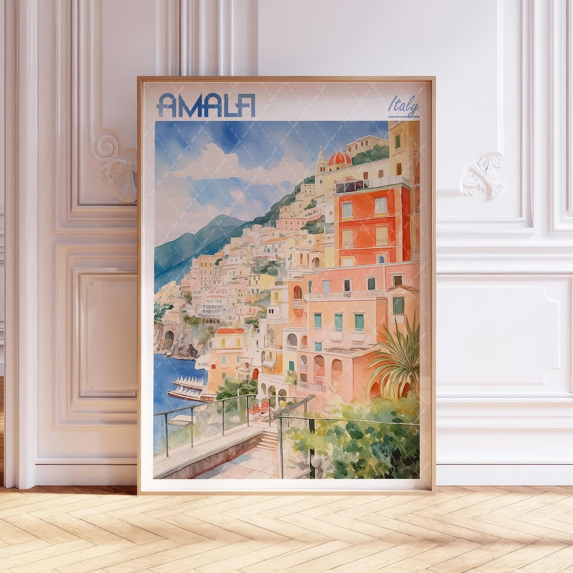 Amalfi Italy Watercolor Coast Town Pastel Hillside Village Travel Poster