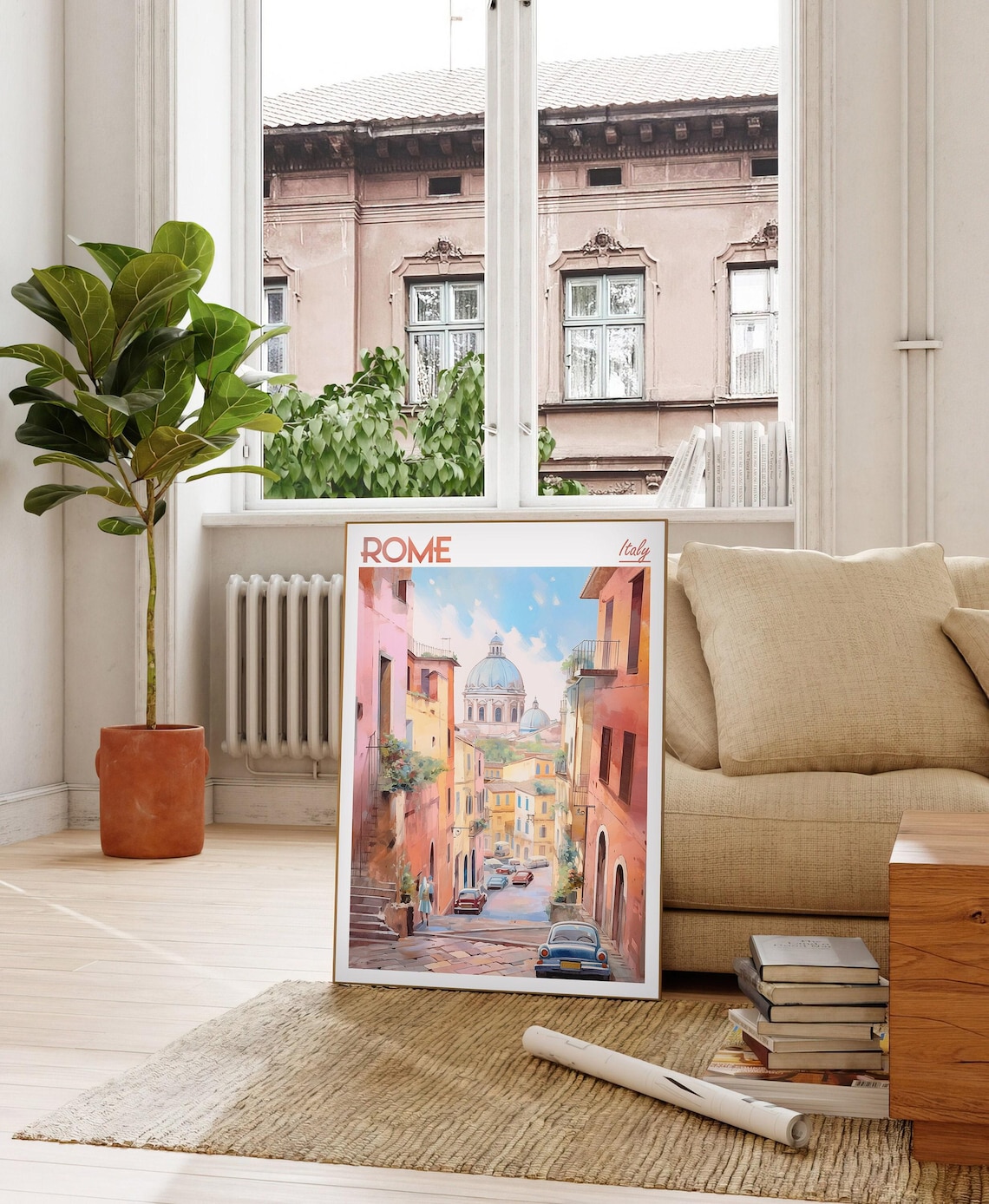 Rome Italy Travel Poster Old Town Street With Domed Church And Cars