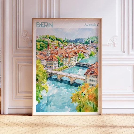Historic Bern Switzerland Old Town River Bridges Watercolor Poster