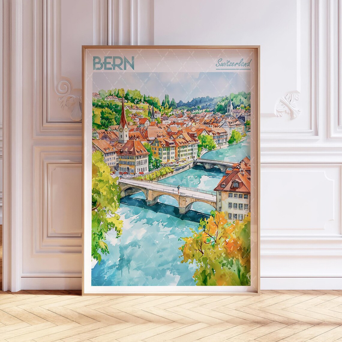 Historic Bern Switzerland Old Town River Bridges Watercolor Poster