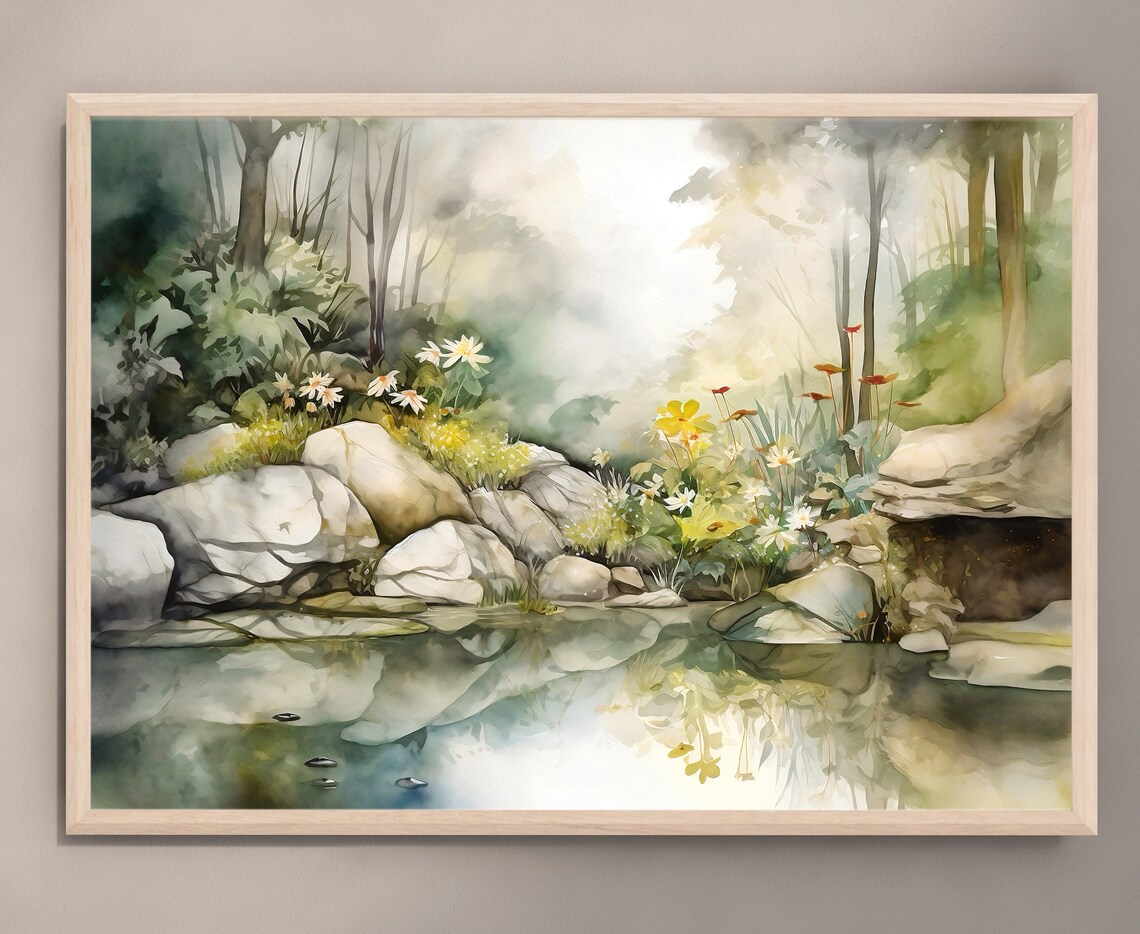 Misty Forest Pond with Daisies and White Rocks Watercolor Poster - Image 2