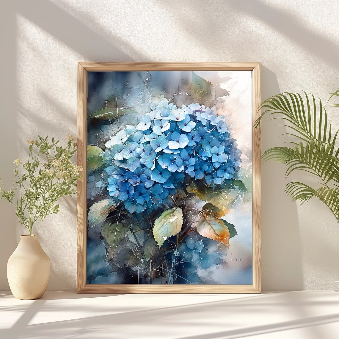 Blue Hydrangea Flower Head Lush Botanical Watercolor Floral Poster - Image 2