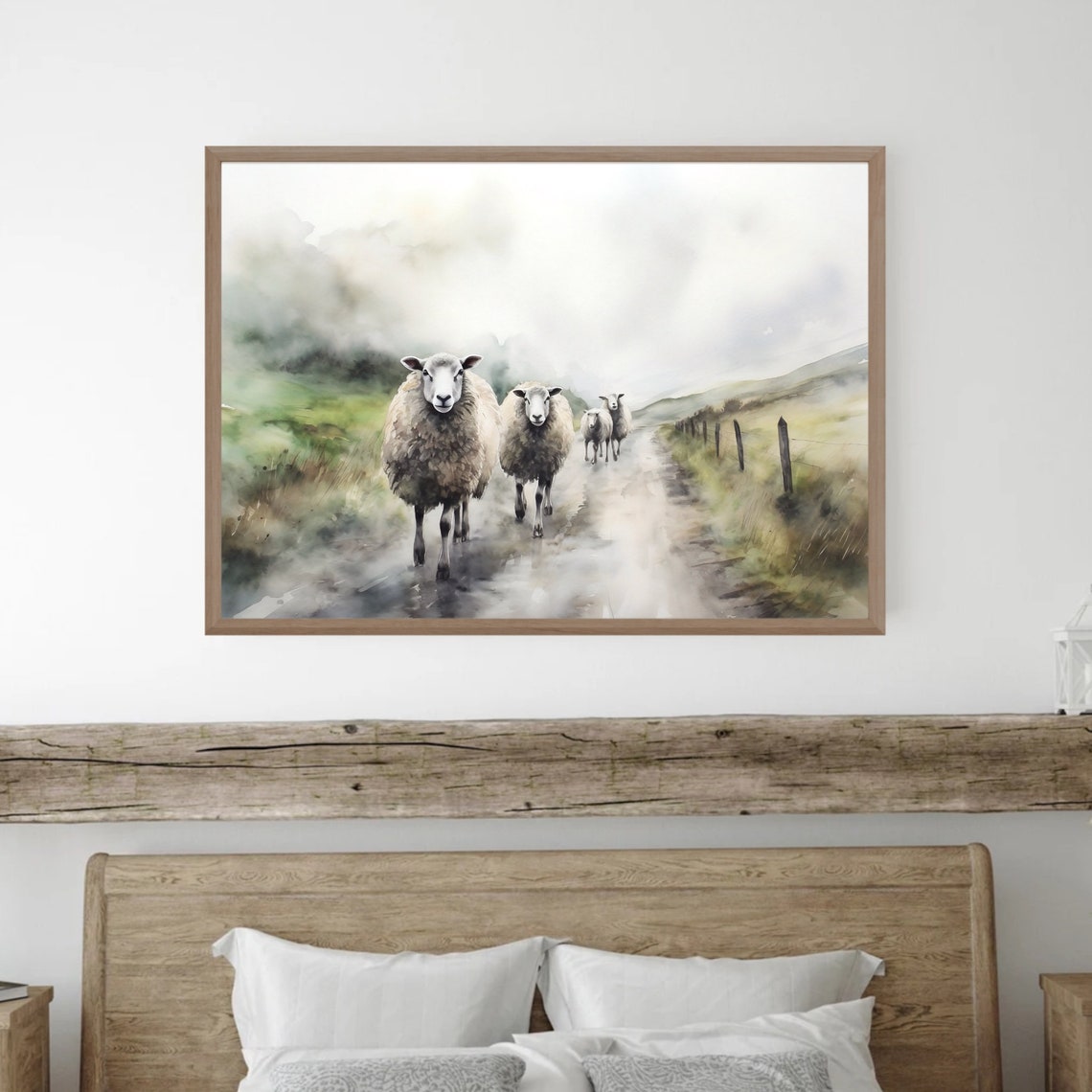 Irish Sheep Misty Country Lane Rustic Farm Animals Watercolor Poster - Image 2