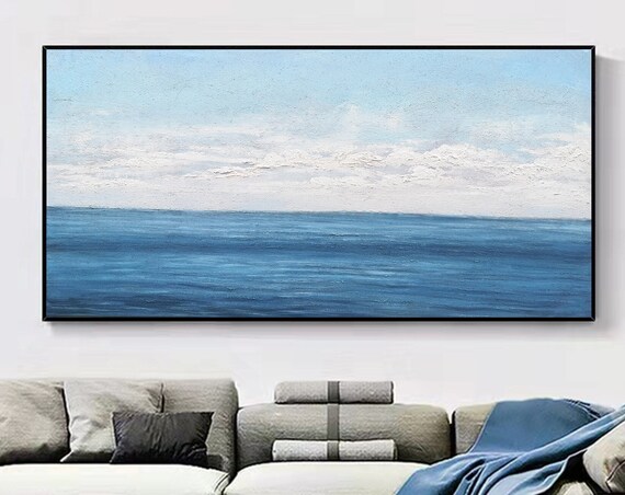 Deep Blue Ocean Horizon Painting White Clouds Calm Sea Minimal Wall Art Poster