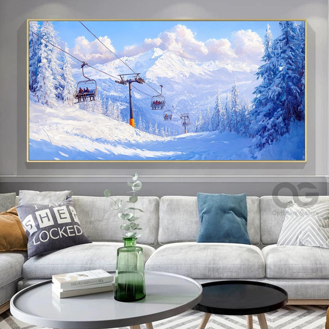 Gondola Cabins Snowy Ski Slope Tall Pines Blue Sky Mountain Poster