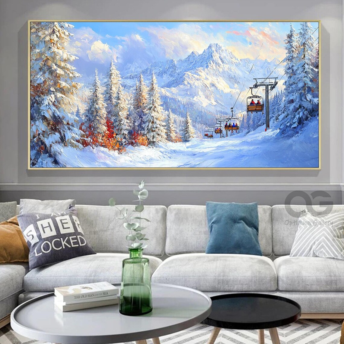 Chairlift Riders Snowy Pines Red Foliage Bright Mountain Ski Poster
