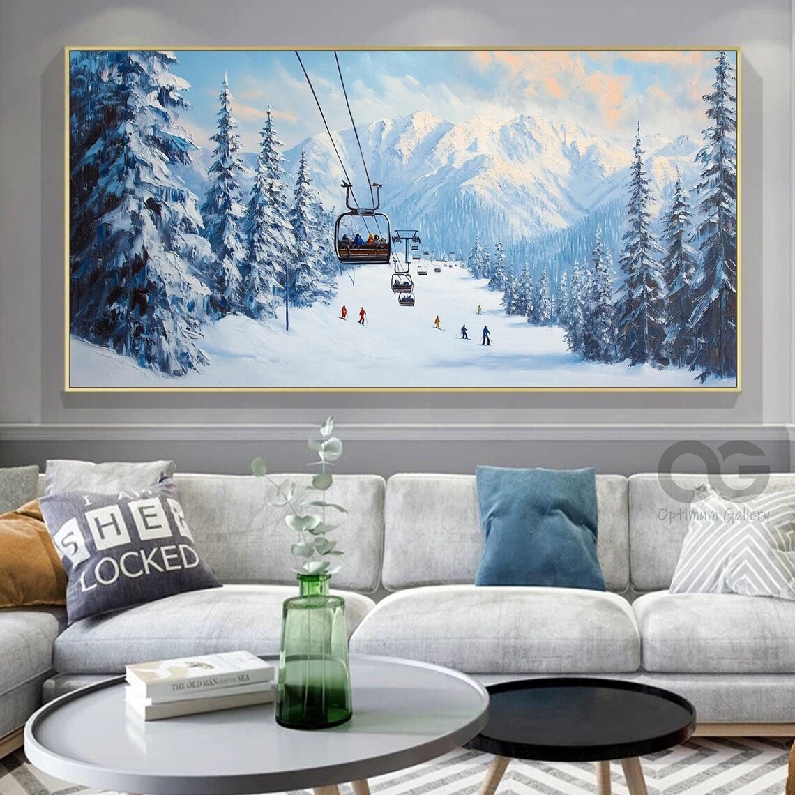 Ski Resort Chairlift Snowy Pines Mountain Peaks Winter Scene Poster
