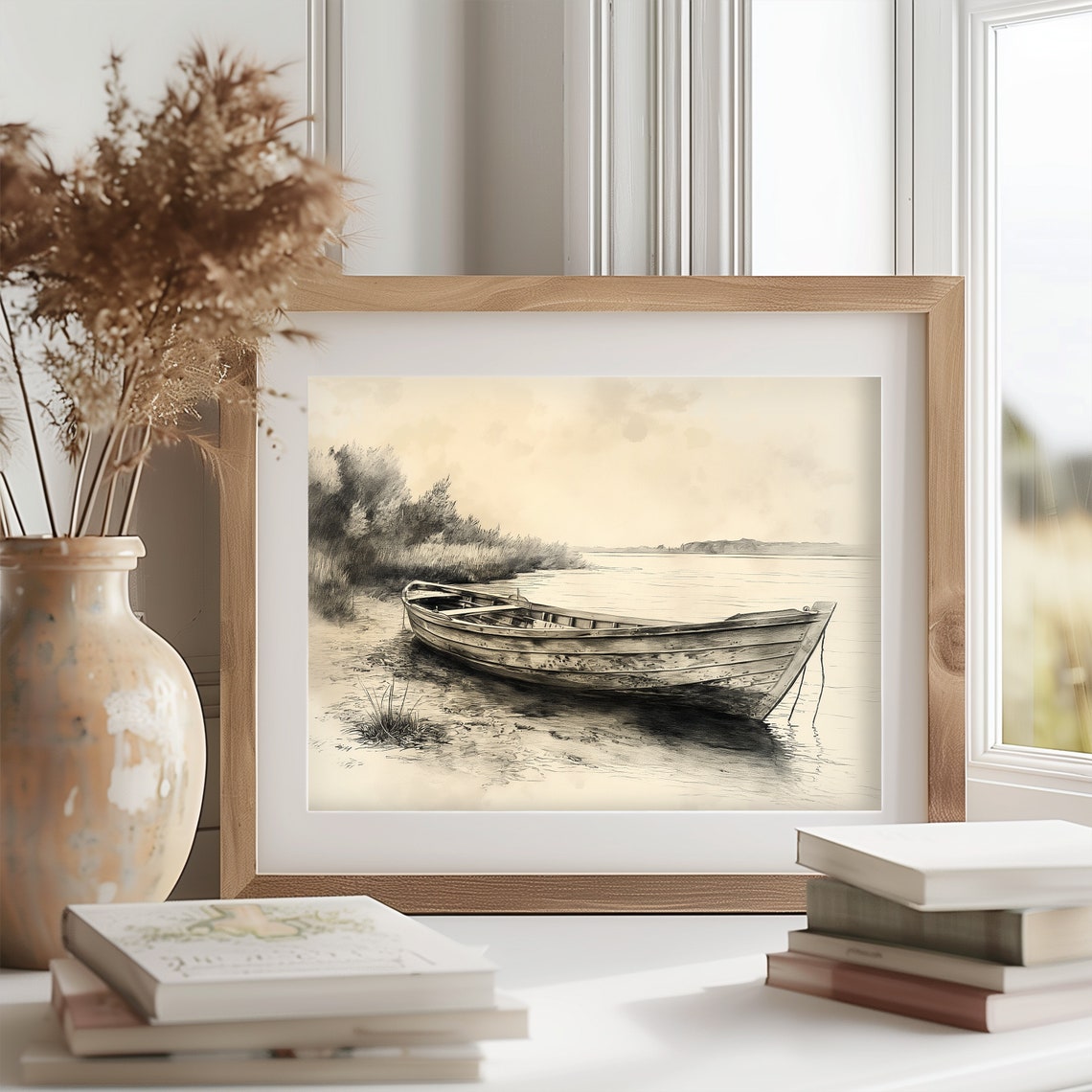Vintage Rowboat Resting On Riverbank Rustic Nautical Sketch Poster - Image 2