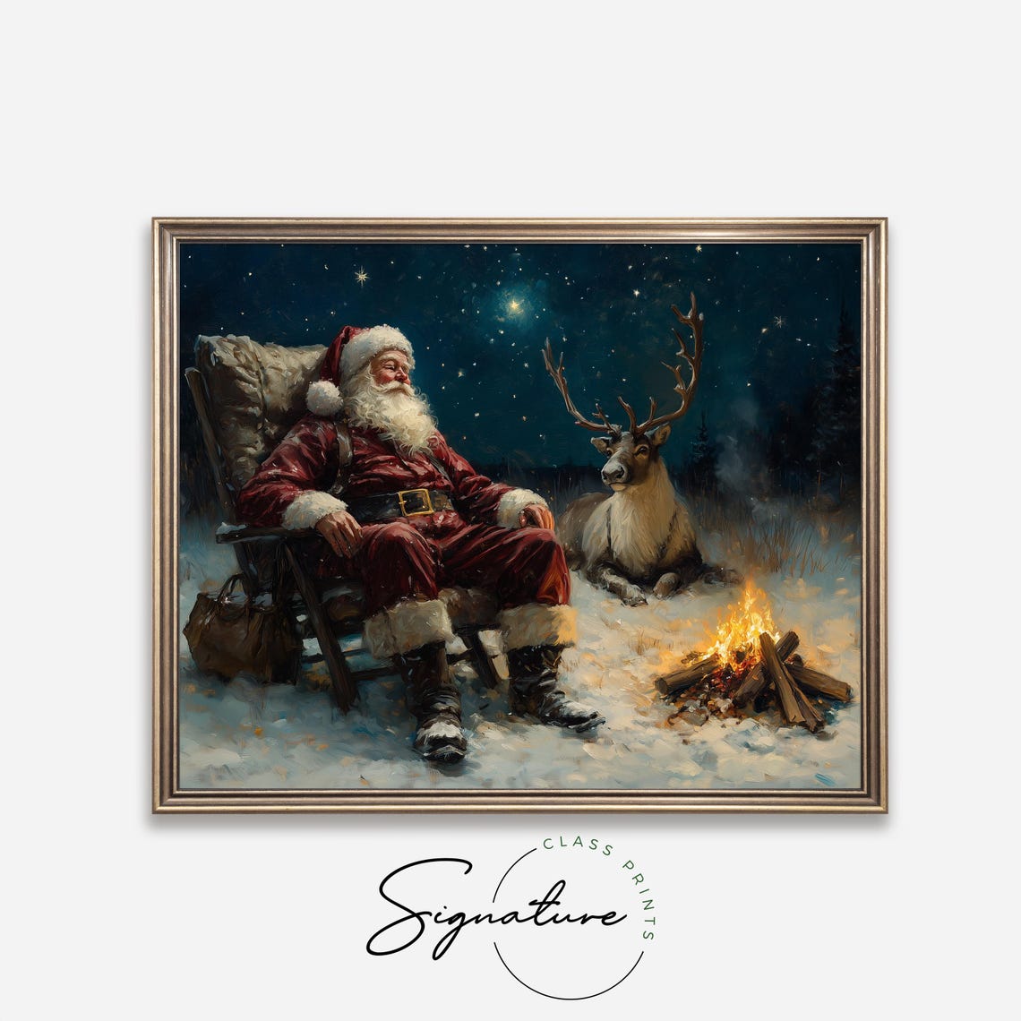 Santa Resting by Campfire With Reindeer Starry Night Scene Poster - Image 4