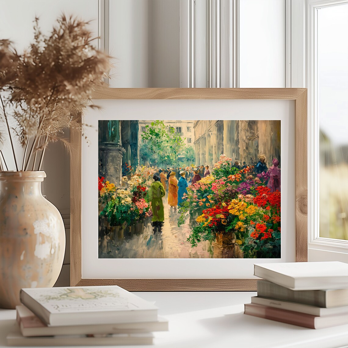 Busy Flower Market Street With Crowds Colorful Urban Art Poster - Image 2