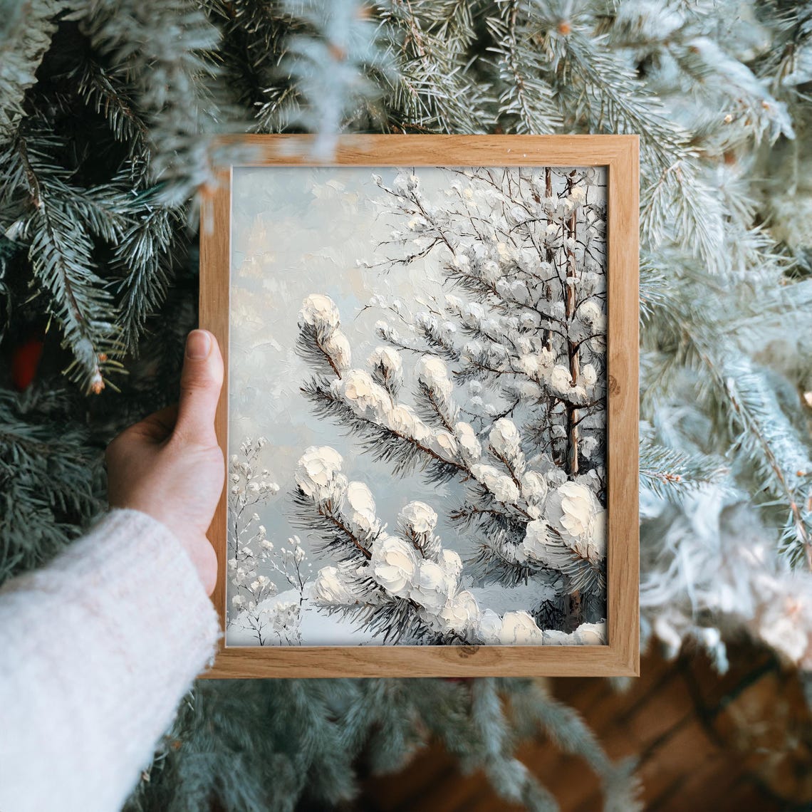 Snow Laden Pine Branches Close Up Textured Oil Painting Poster - Image 6