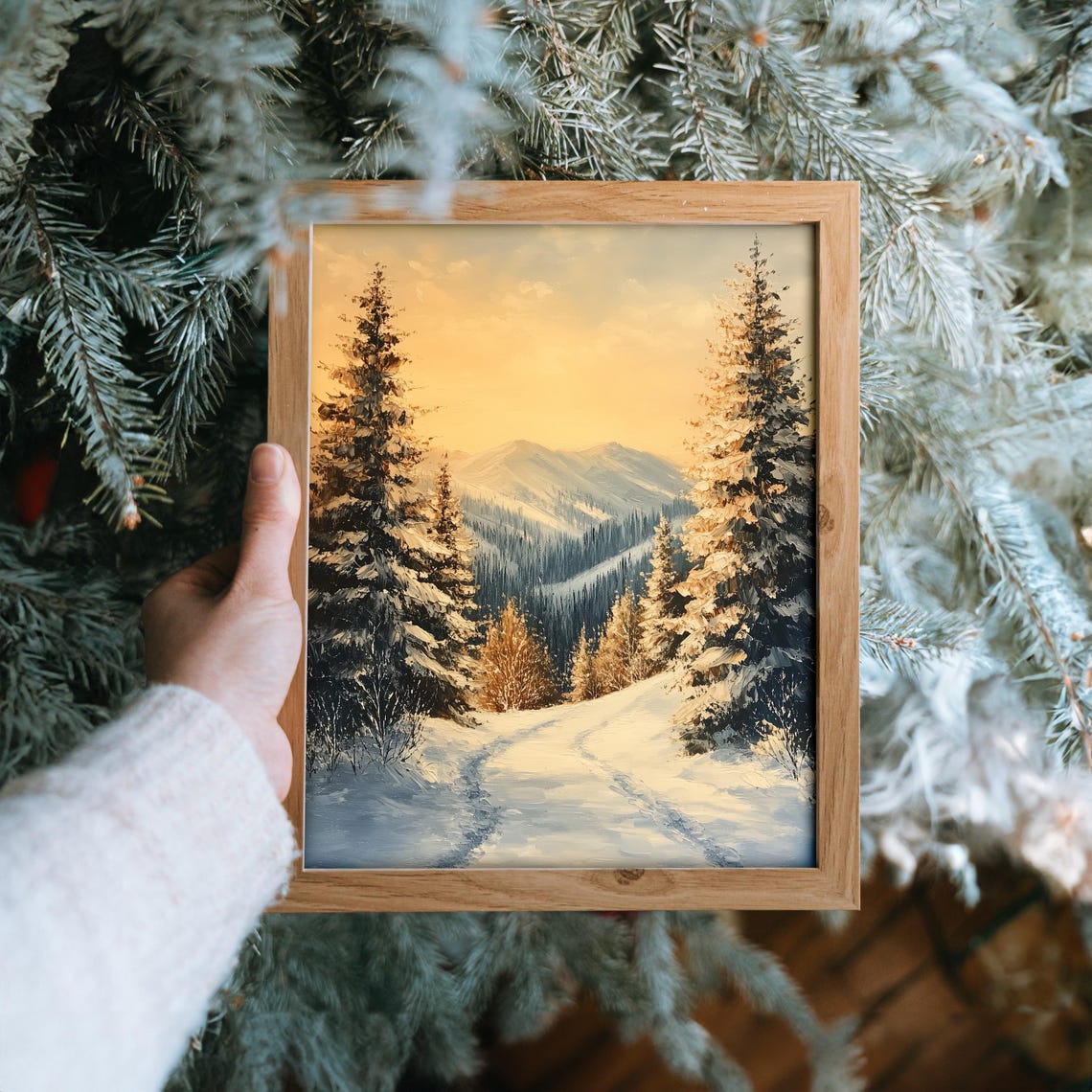 Snowy Woodland Path Through Evergreens in Warm Sunset Glow Poster - Image 6