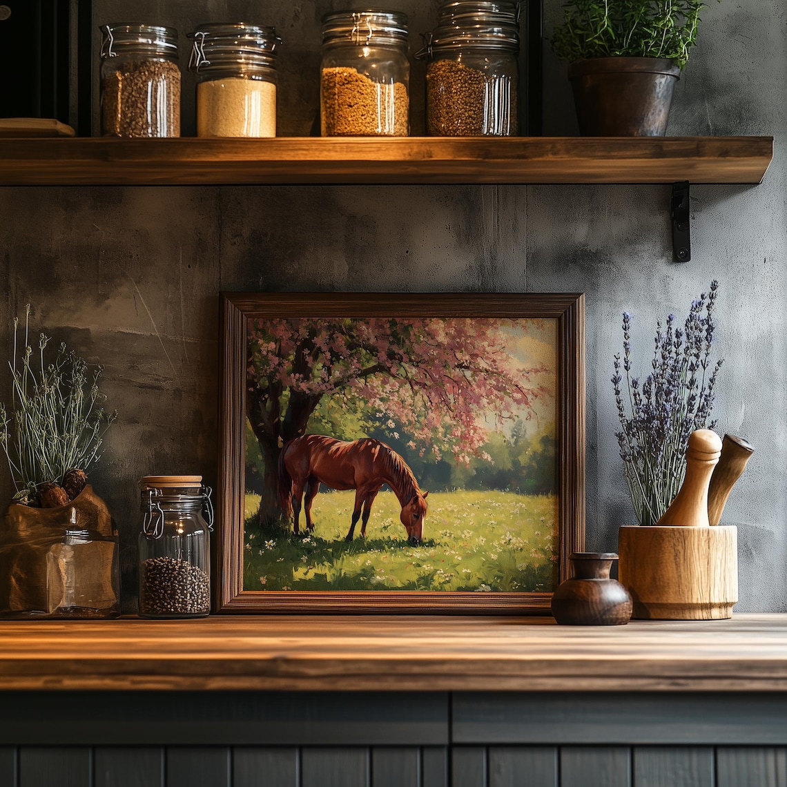 Horse Grazing Under Flowering Tree, Vintage Country Scene - Image 2