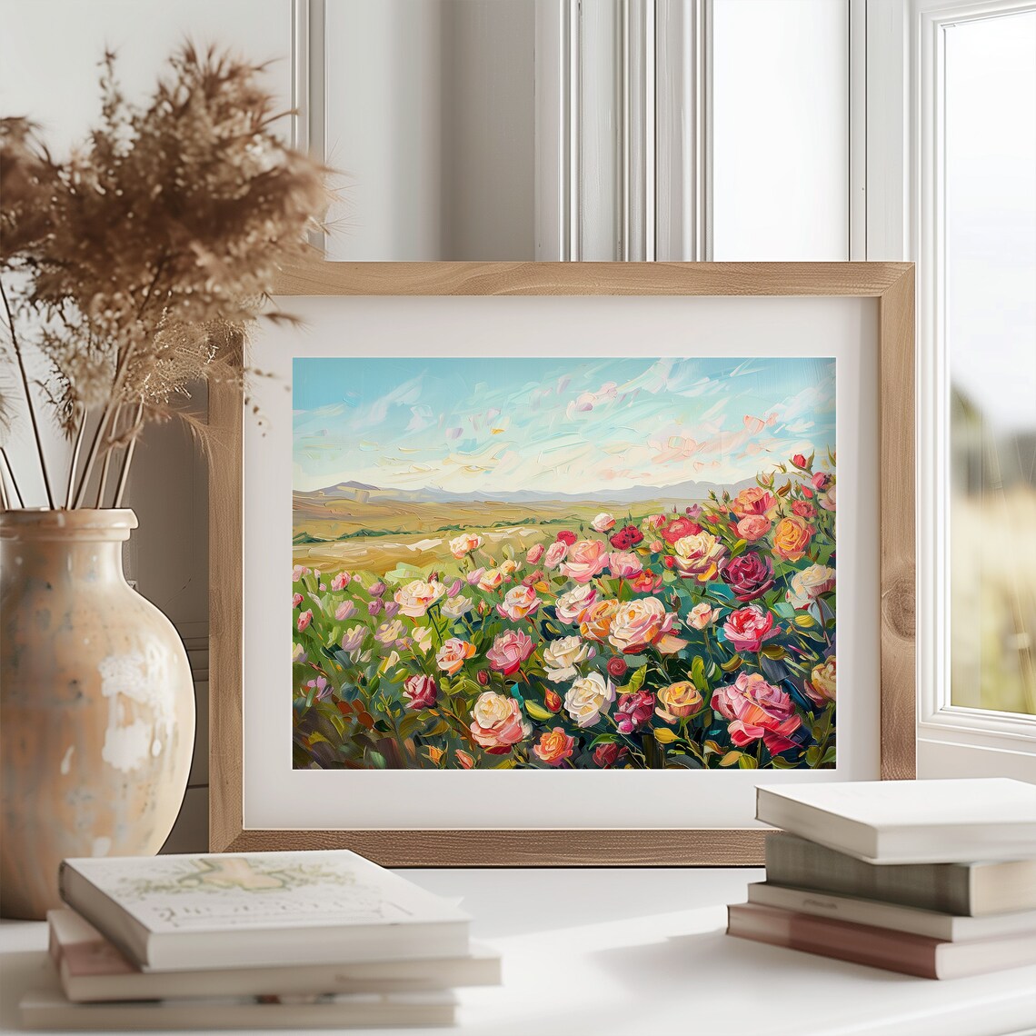 Vibrant Rose Field Art Print, Rustic Floral Landscape - Image 2