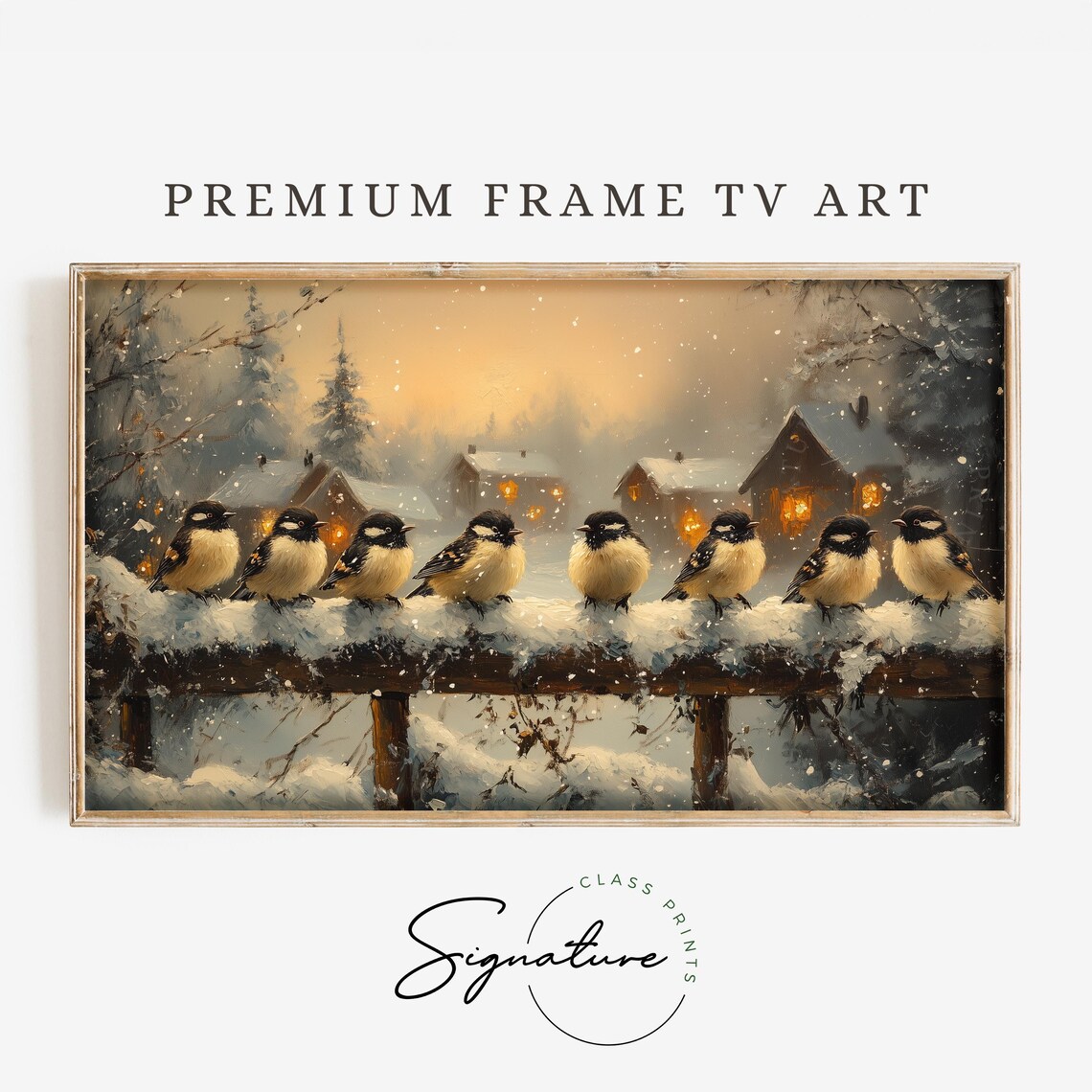 Cozy Winter Chickadees On Snowy Fence Village Holiday Art Print