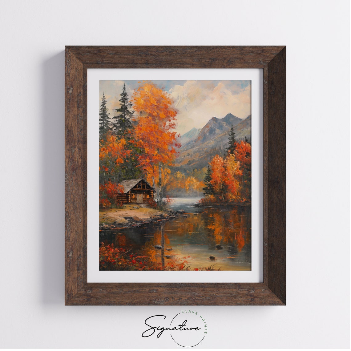 Lakeside Mountain Cabin Ringed By Orange Autumn Trees Art Poster - Image 4