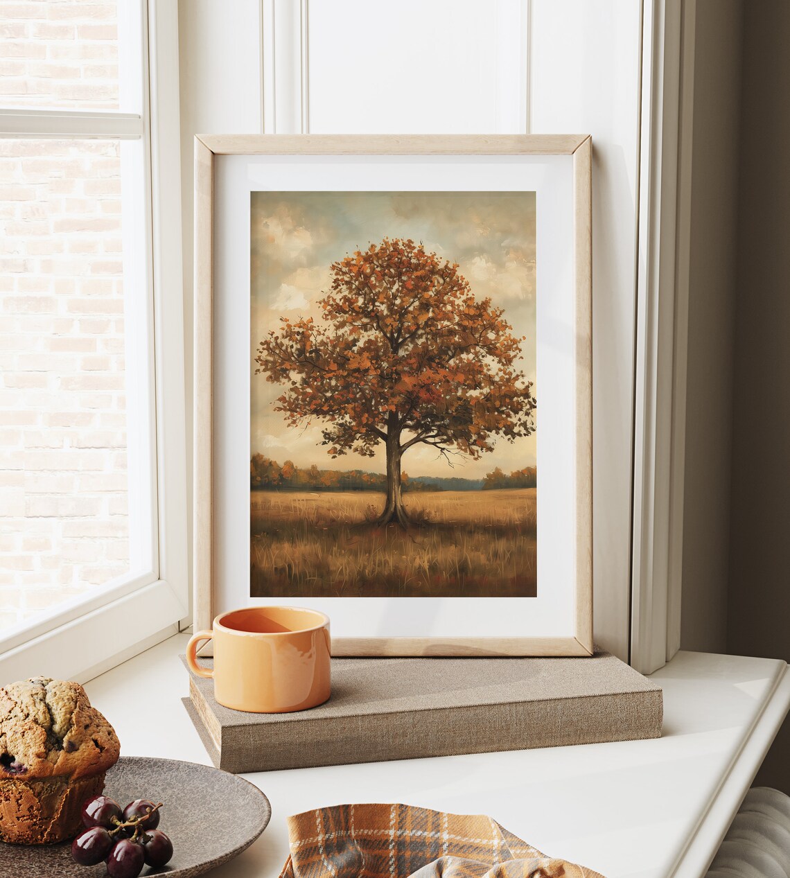 Lone Autumn Oak Tree with Orange Leaves in Golden Field Poster - Image 6