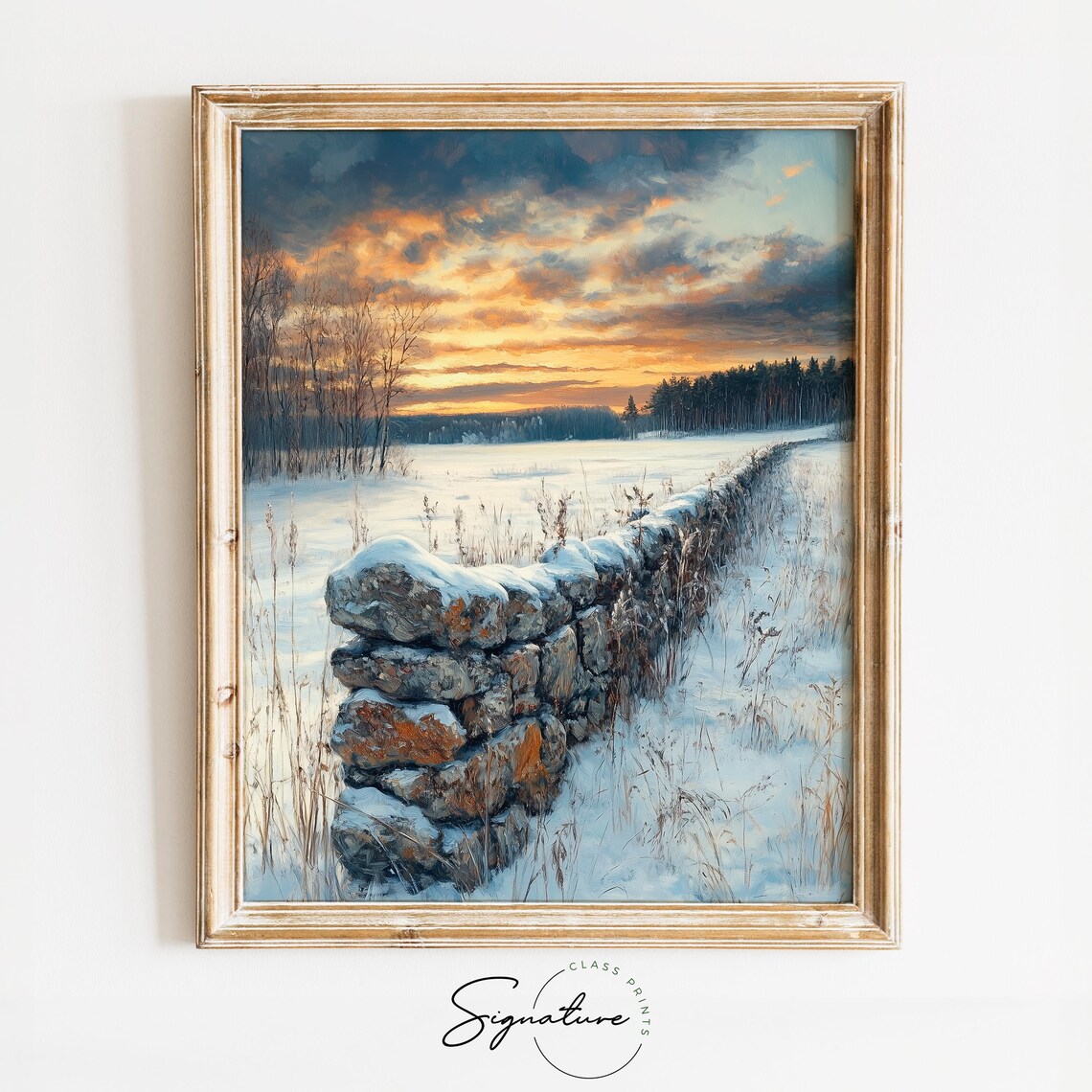 Snowy Stone Wall In A Frosty Field Under Golden Clouds Oil Painting Poster