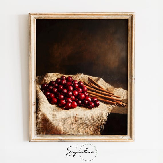 Cranberries And Cinnamon Still Life Rustic Holiday Decor Earthy Christmas Art Moody Cottagecore Winter Wall Art Print 1708