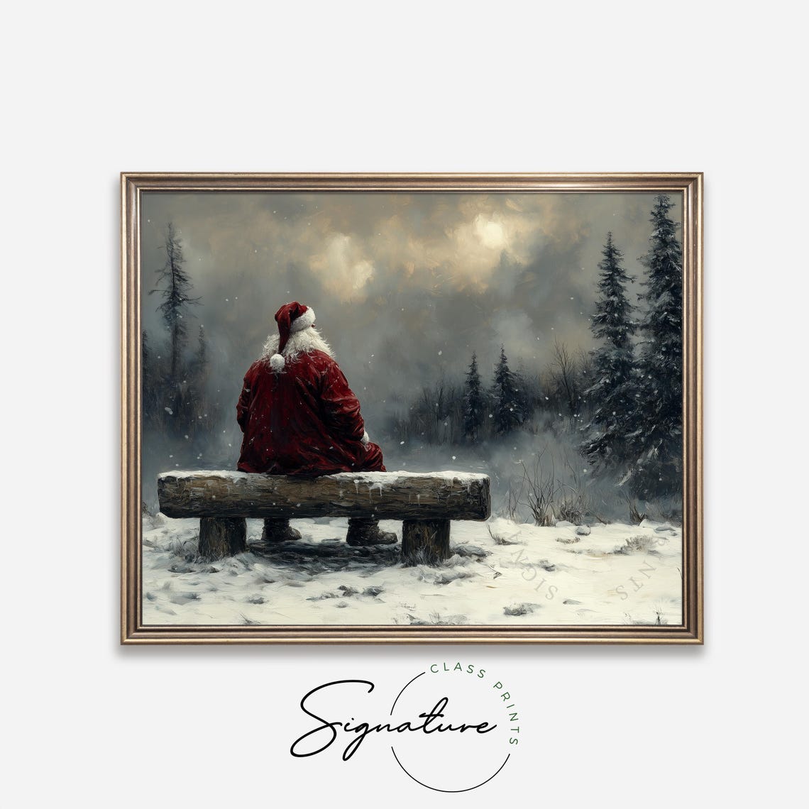 Santa Claus Sitting On A Log Bench Gazing At The Winter Forest Poster - Image 4