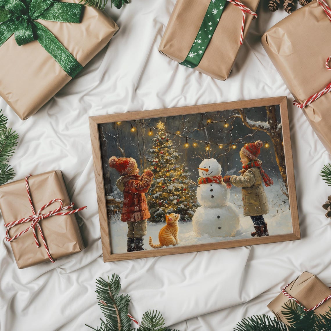 Children Building a Snowman With a Kitten by a Christmas Tree Poster - Image 2