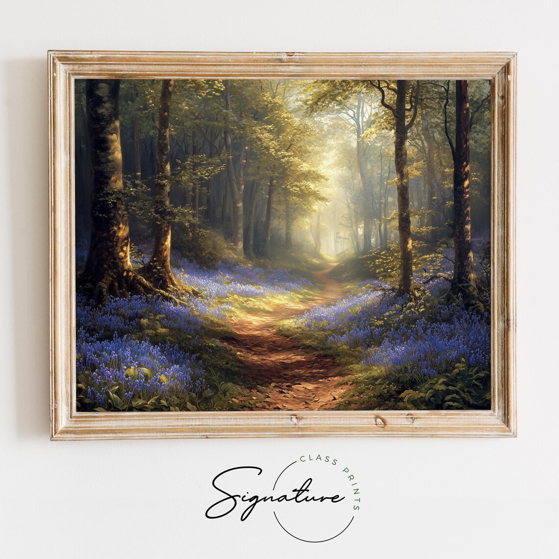 Bluebell Forest Pathway, Rustic Woodland Scene Art Print