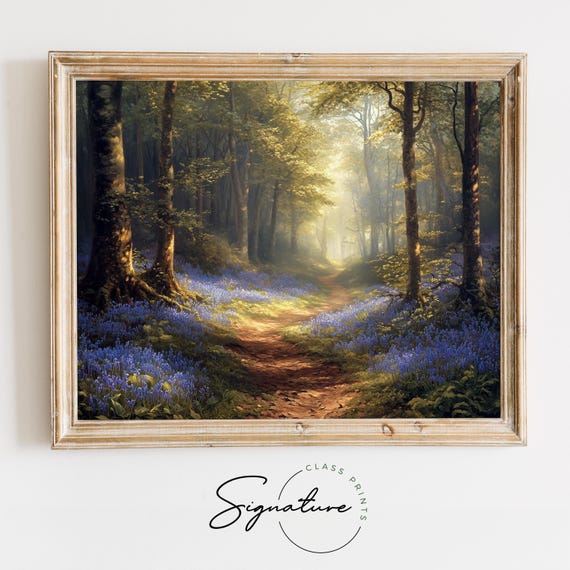 Bluebell Forest Pathway, Rustic Woodland Scene Art Print