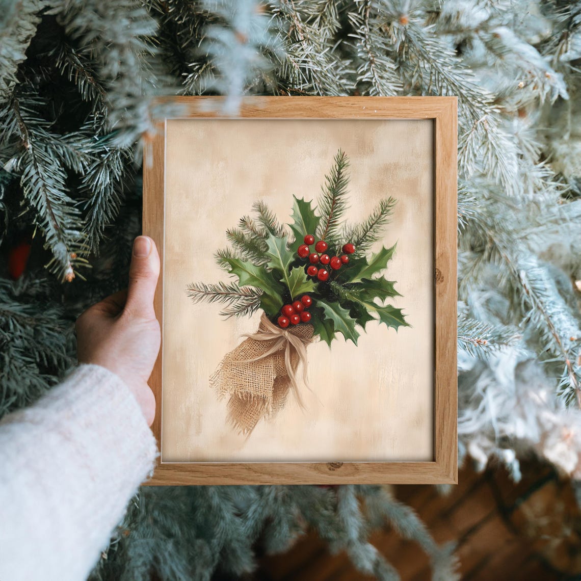Holly and Pine Sprig Bouquet Wrapped in Burlap Christmas Poster - Image 6
